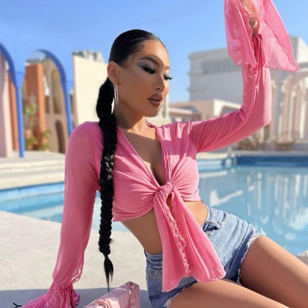 💖 Hot Pink Mesh Long Sleeve Top 💖 - Picture 4 of 6